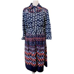 Tea & Cup Blue Pineapple Geometric Belted Satin Shirt Dress Large